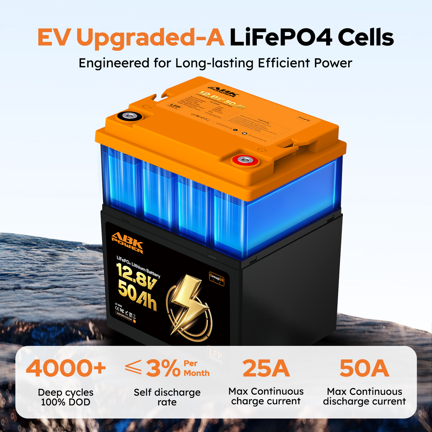 ABKpower 12V 50Ah Lithium Battery for Marine, RV with Low-Temp Protection