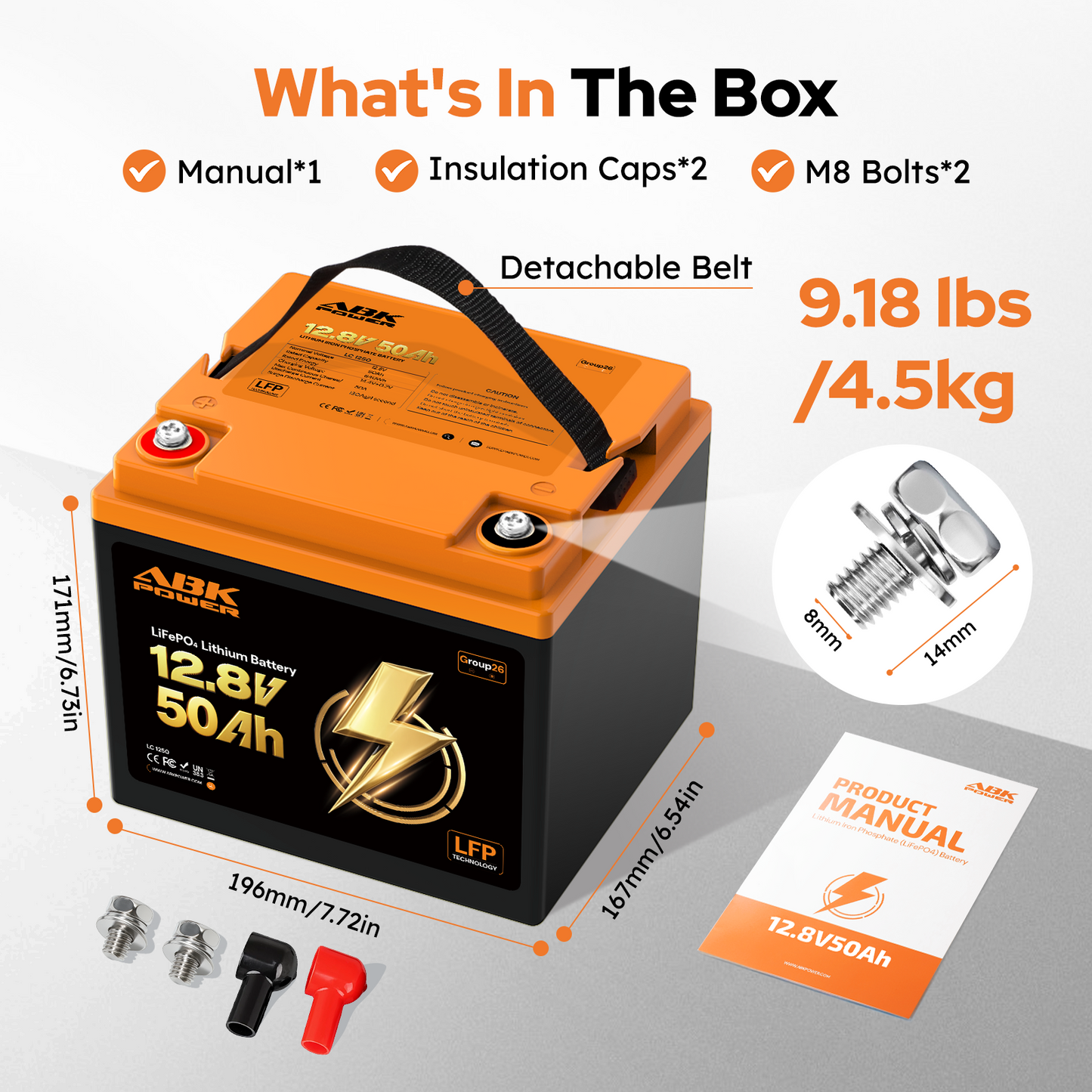 ABKpower 12V 50Ah Lithium Battery for Marine, RV with Low-Temp Protection