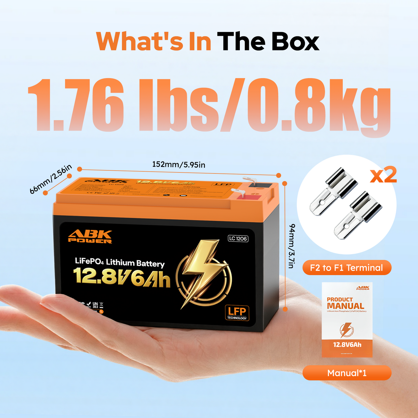 ABKpower 12V 6Ah LiFePO4 Battery, 76.8Wh Deep Cycle Rechargeable Battery