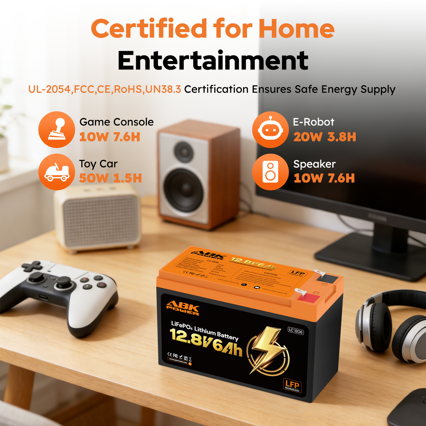 ABKpower 12V 6Ah LiFePO4 Battery, 76.8Wh Deep Cycle Rechargeable Battery